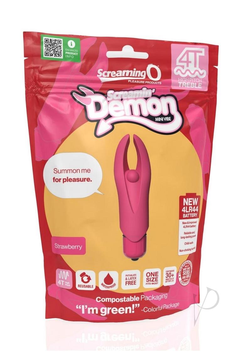 4T Demon Silicone Mini Clitoral Vibrator Strawberry package with playful design and product details.