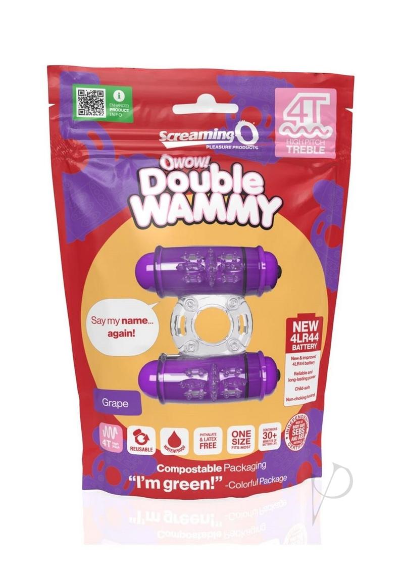 4T Double Wammy Silicone Dual Vibrating Couples Cock Ring packaging with colorful design and product details.