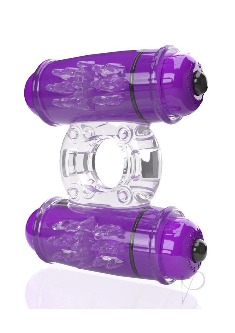 4T Double Wammy Silicone Dual Vibrating Couples Cock Ring in purple with dual motors for enhanced stimulation.
