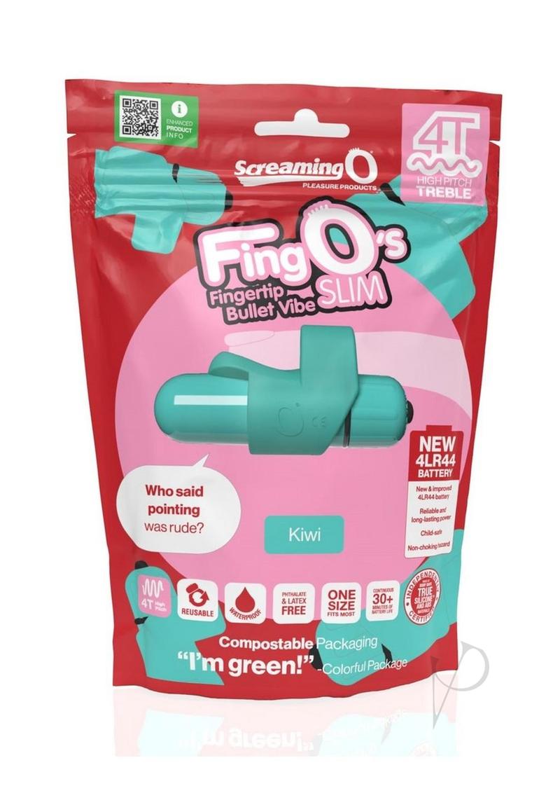 Screaming O 4T FingO Slim Finger Vibrator Kiwi packaging showcasing a compact bullet vibe in vibrant green color.