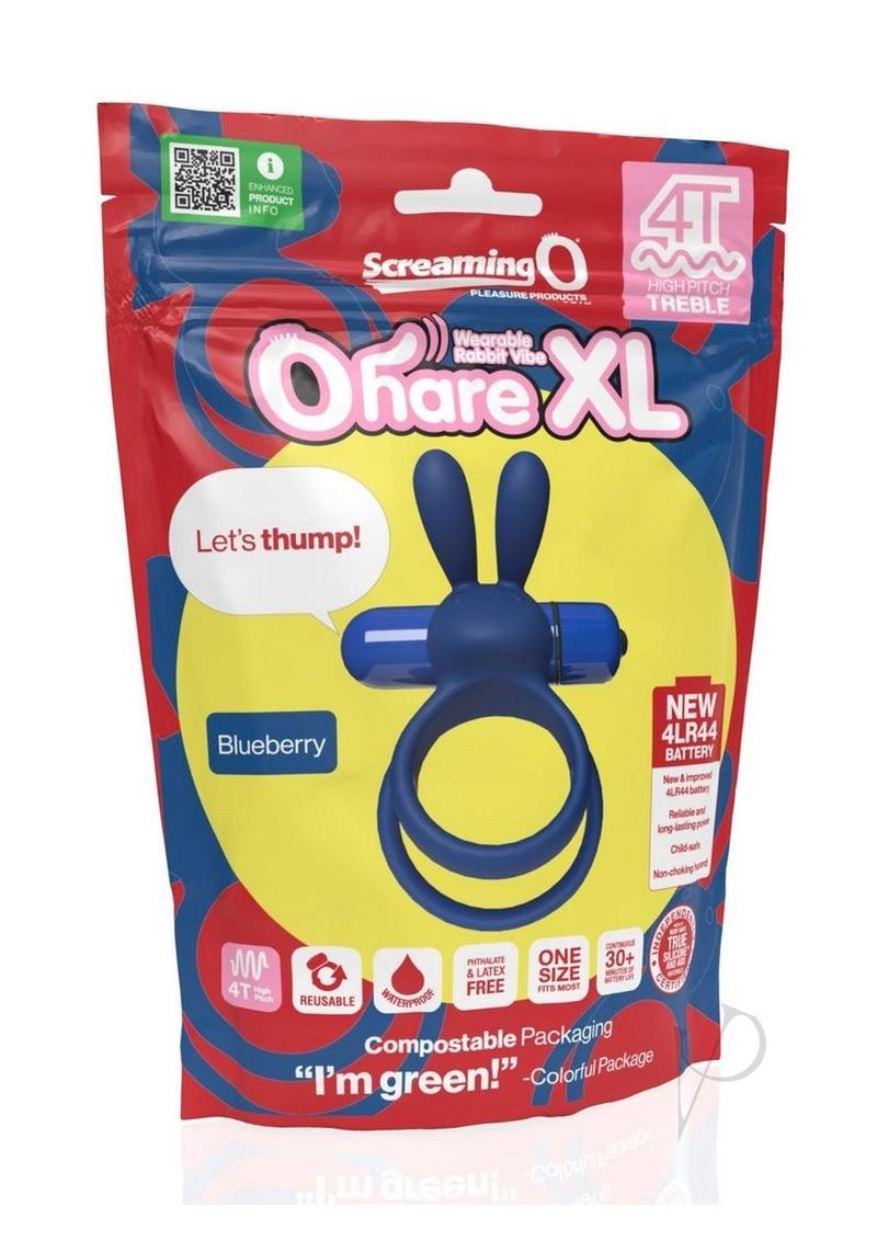 4T Ohare XL Silicone Rabbit Vibrating Cock Ring Blueberry packaging with features and vibrant colors.