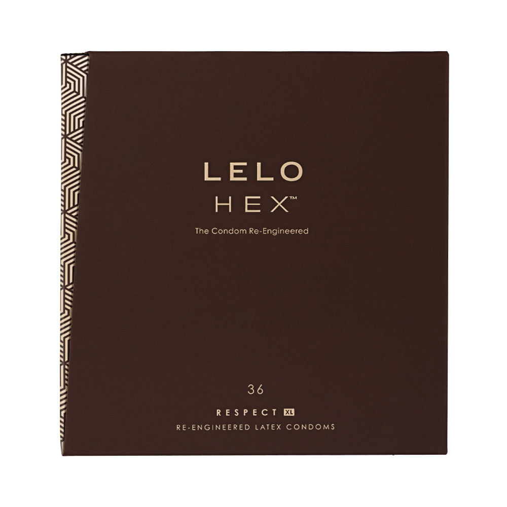 LELO HEX Respect XL Lubricated Latex Condoms 36-Pack packaging showing innovative design and branding.