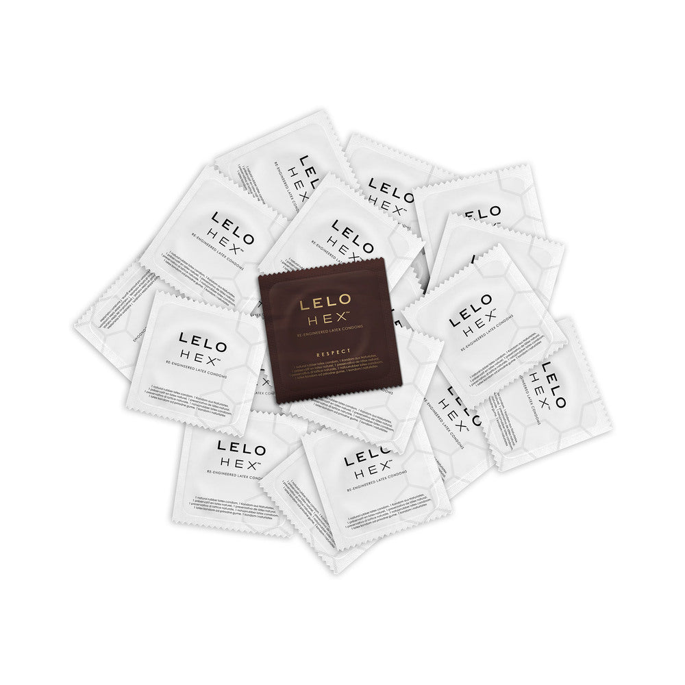 LELO HEX Respect XL Lubricated Latex Condoms 36-Pack displayed in a neat arrangement.