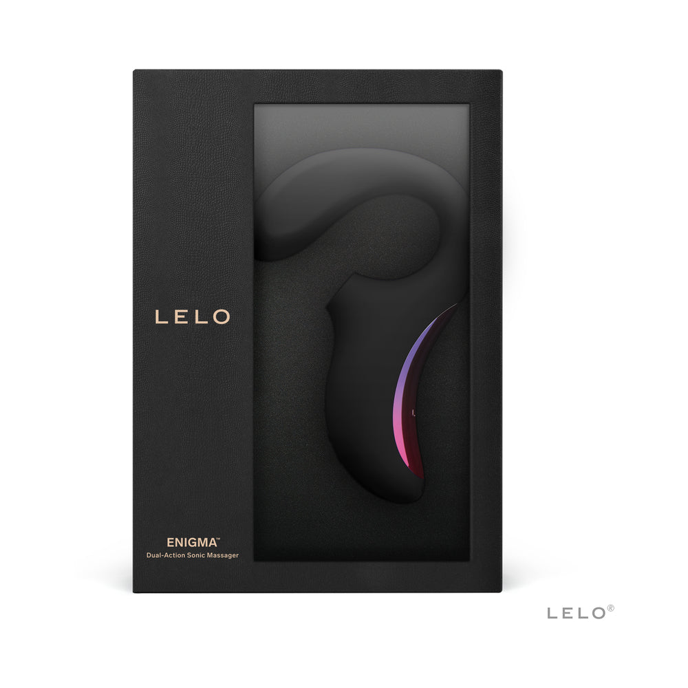 LELO ENIGMA Suction Dual Stimulator Black in elegant packaging, showcasing the luxurious dual-action sonic massager.