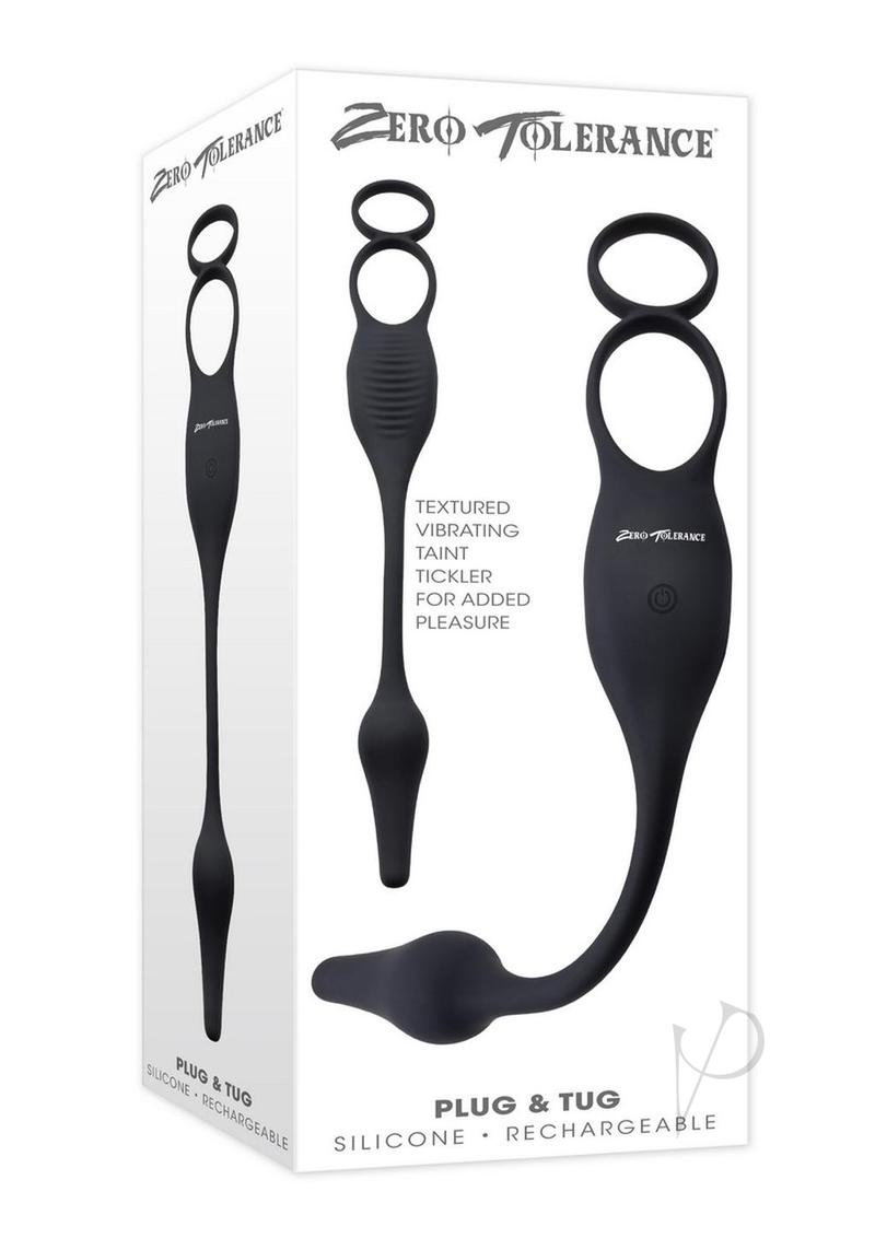 Zero Tolerance Plug and Tug Cock Ring Butt Plug Gray on packaging display with detailed features.