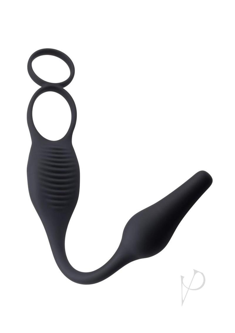 Zero Tolerance Plug and Tug Cock Ring Butt Plug Gray showcasing a vibrating cock ring and tapered anal plug.
