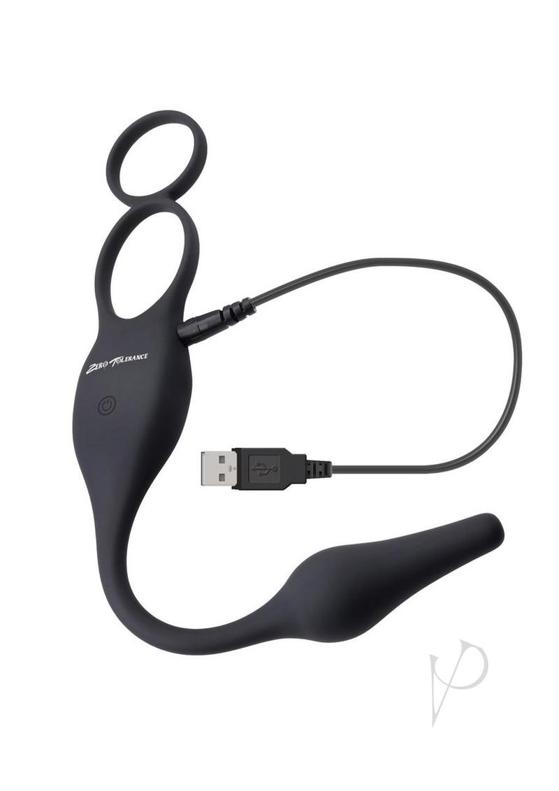 Zero Tolerance Plug and Tug Cock Ring Butt Plug Gray featuring a USB charging port and ergonomic design.