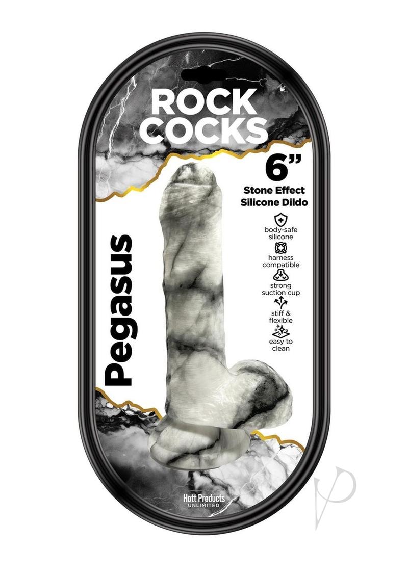 Rock Cocks Pegasus Silicone Dildo 6 Inch White/Black packaging with stone effect design.