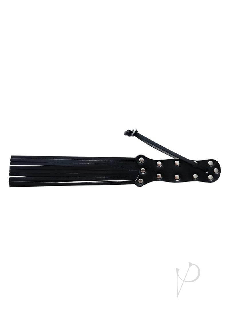Rouge Leather Spiral Paddle Black featuring a sleek black design with leather strips and decorative metal rivets.