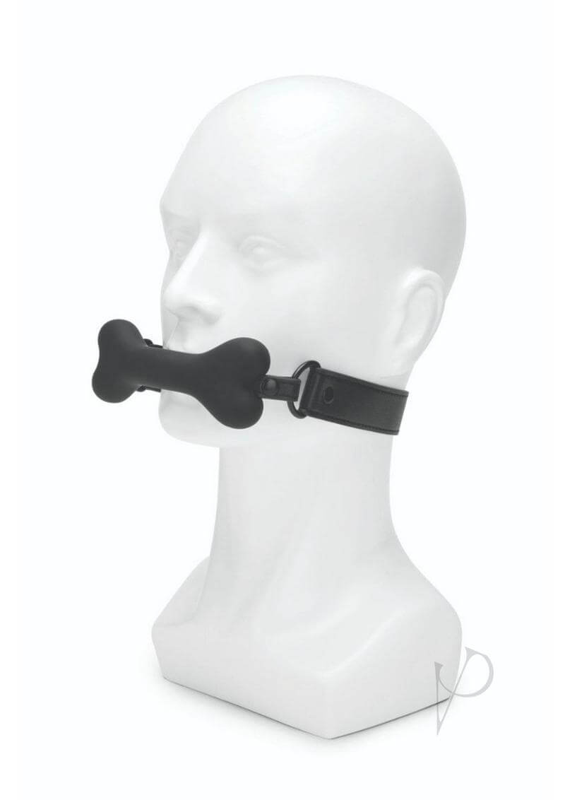 Prowler RED Bone Shaped Silicone Ball Gag Black displayed on a mannequin head for restraint play.