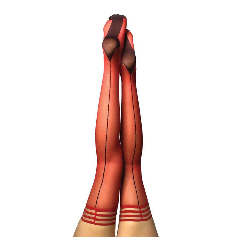 Kixies Monica Sheer Red Cuban Heel Thigh-High with Black Back Seam Size B