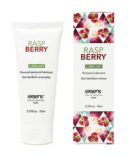 EXSENS of Paris Flavored Water Based Lubricant Raspberry 70 ml packaging and tube with raspberry design.