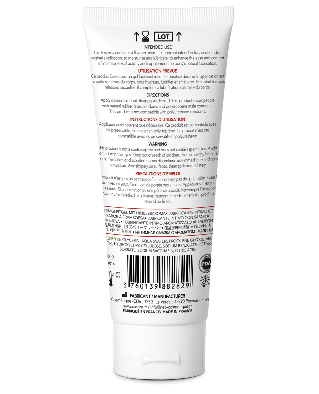 EXSENS of Paris Flavored Water Based Lubricant Raspberry 70 ml packaging back label with usage instructions.