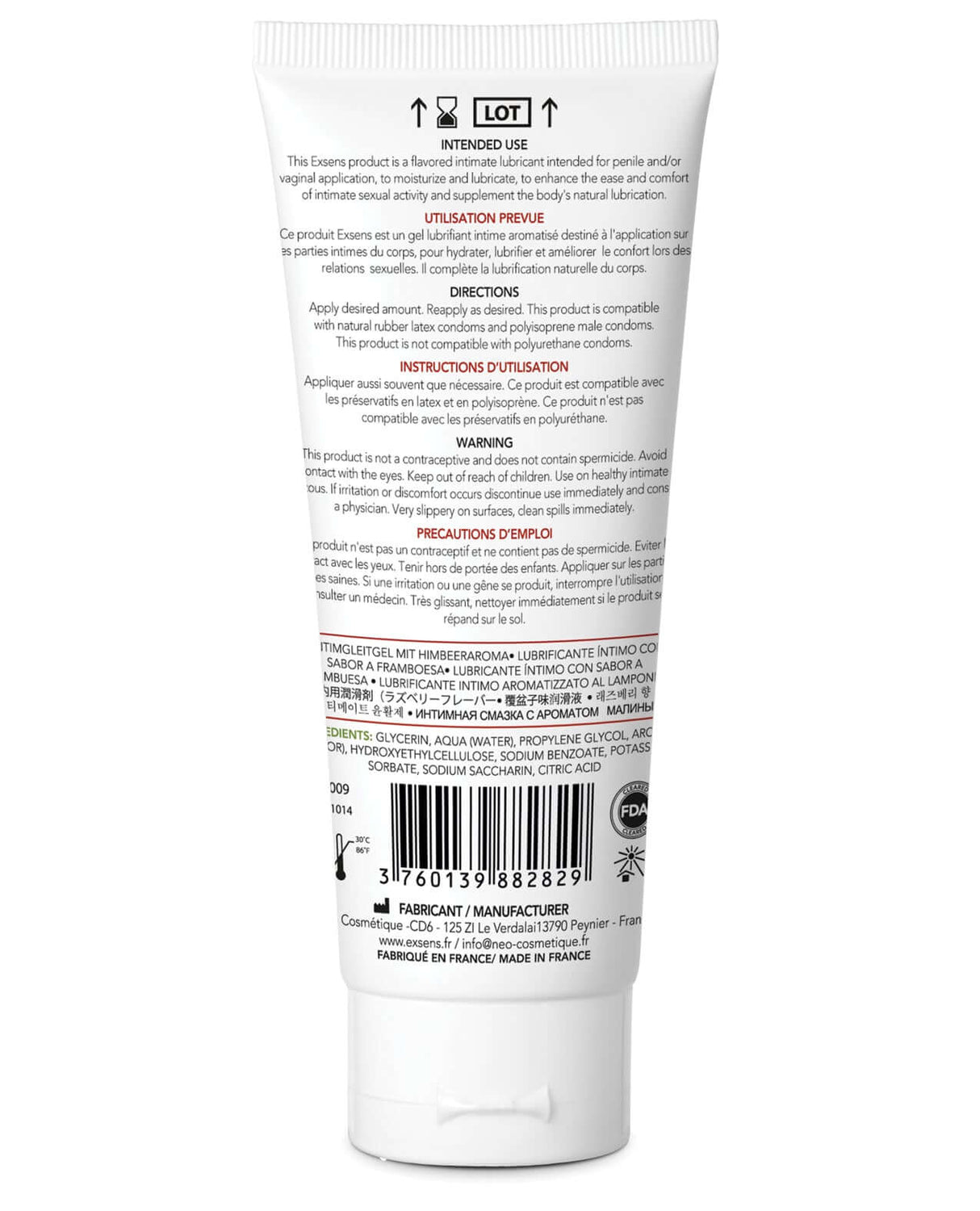 EXSENS of Paris Flavored Water Based Lubricant Raspberry 70 ml packaging back label with usage instructions.