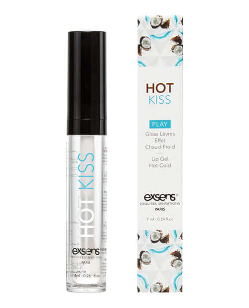 EXSENS of Paris Hot Kiss Play Lip Gloss Coconut packaging and applicator with tropical design.
