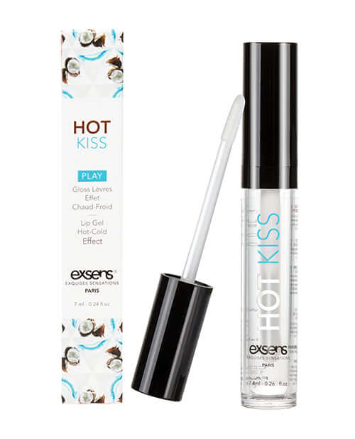 EXSENS of Paris Hot Kiss Play Lip Gloss Coconut product packaging and applicator showing a glossy finish.