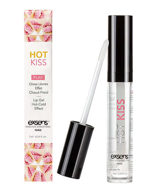 Product image of EXSENS of Paris Hot Kiss Play Arousal Lip Gloss Strawberry 0.24 Oz with packaging and applicator.