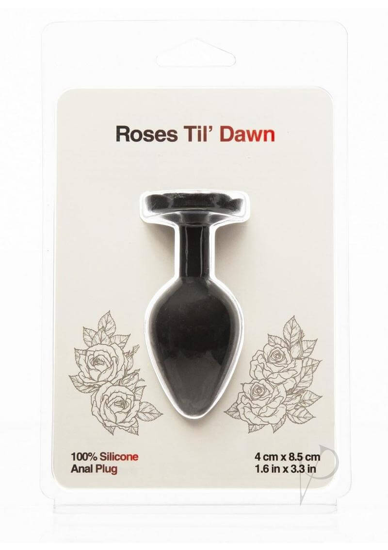 Roses Til Dawn Silicone Butt Plug Medium Black packaging showing a flower-shaped anal plug.