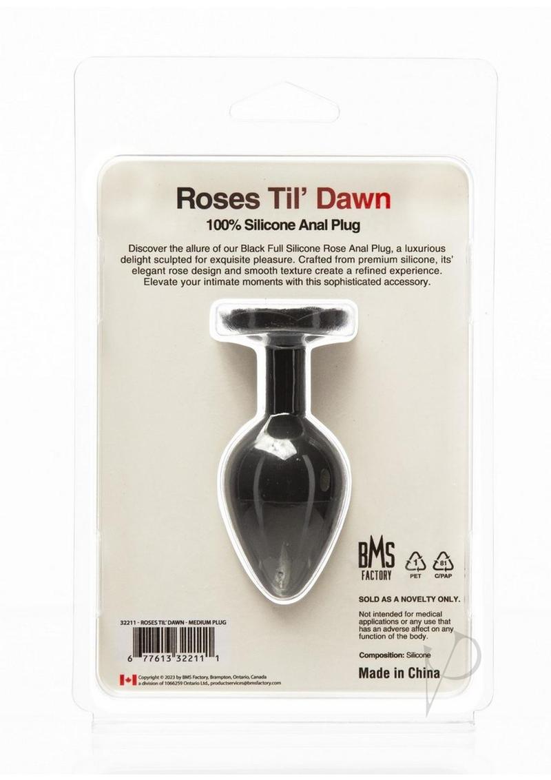Roses Til Dawn Silicone Butt Plug Medium Black packaging showcasing its premium silicone design and rose shape.