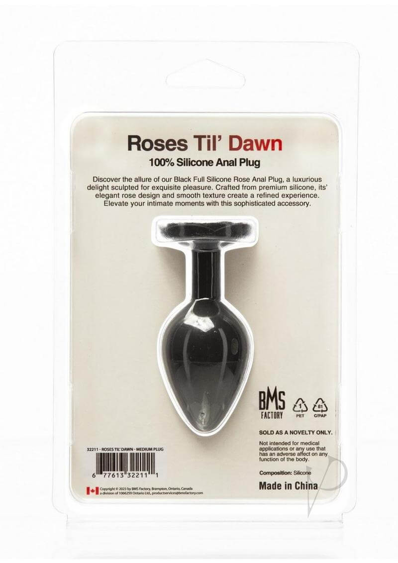 Roses Til Dawn Silicone Butt Plug Medium Black packaging showcasing its premium silicone design and rose shape.
