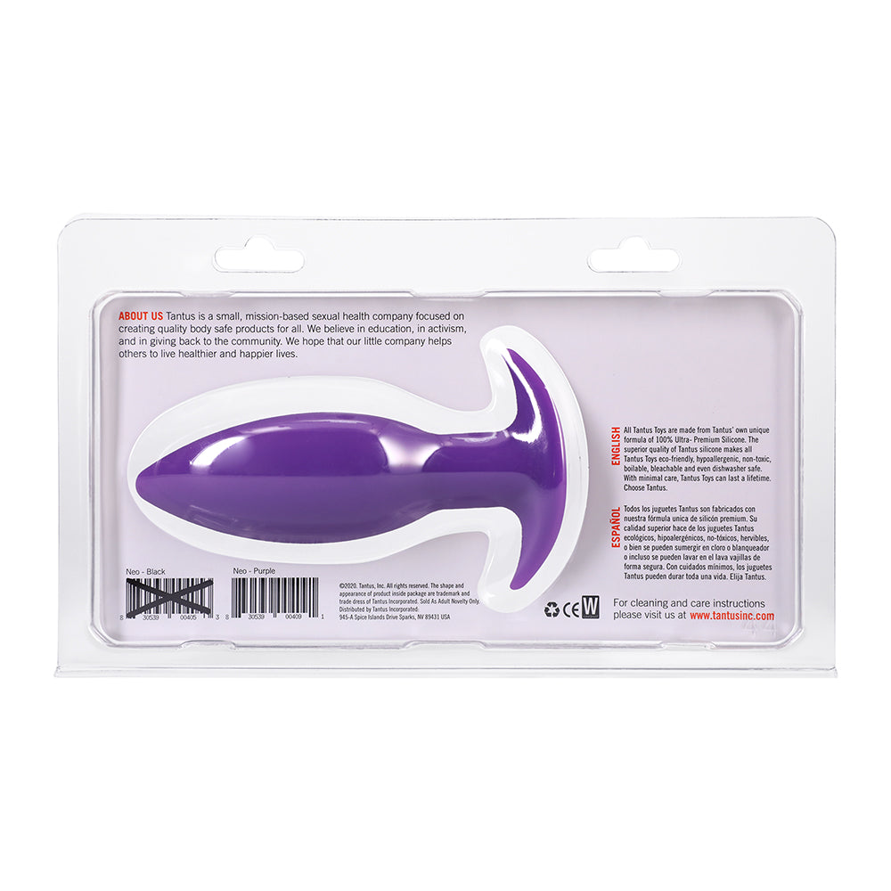 Tantus Neo Silicone Anal Plug Lilac packaging with product description and usage instructions.