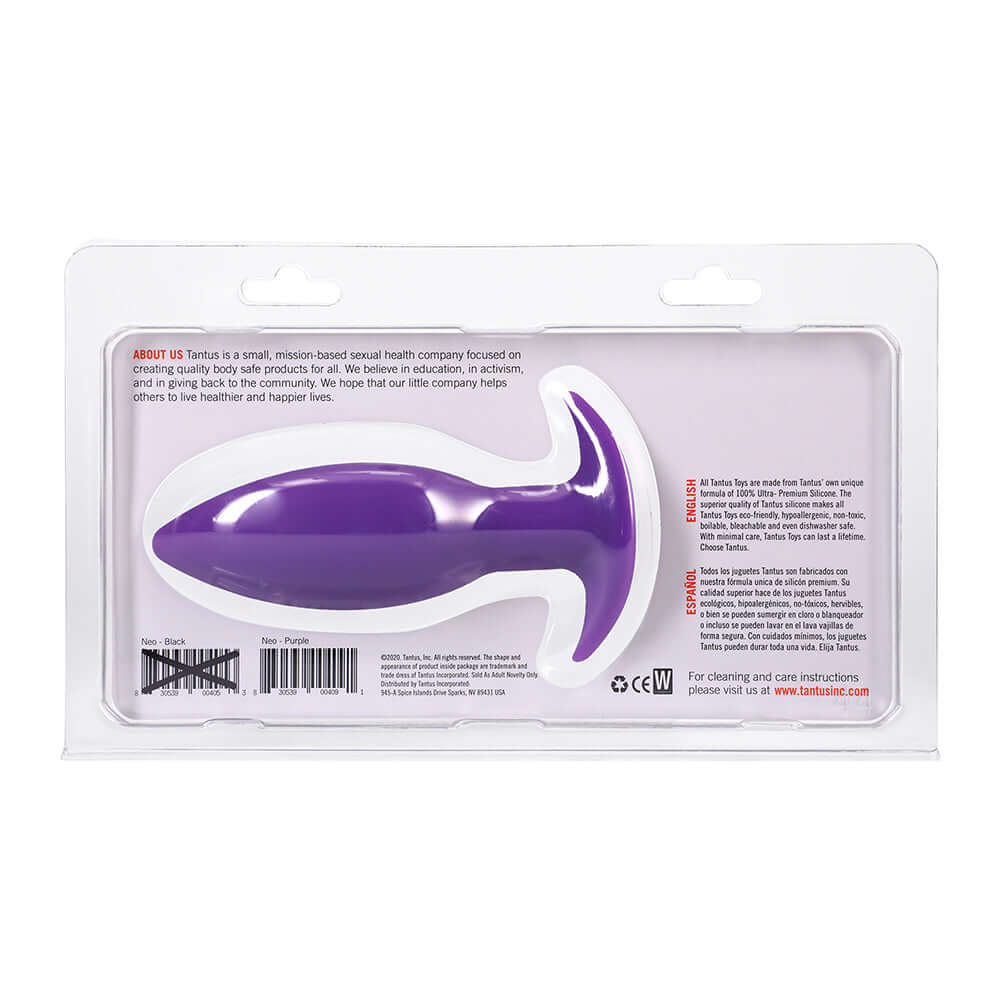 Tantus Neo Silicone Anal Plug Lilac packaging with product description and usage instructions.