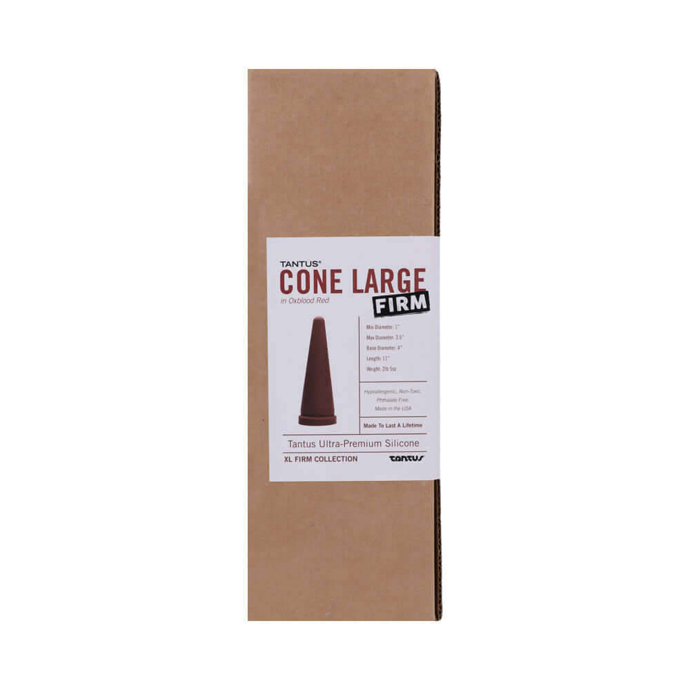 Tantus Cone Large Firm Dildo Garnet product packaging showcasing premium silicone design and features.