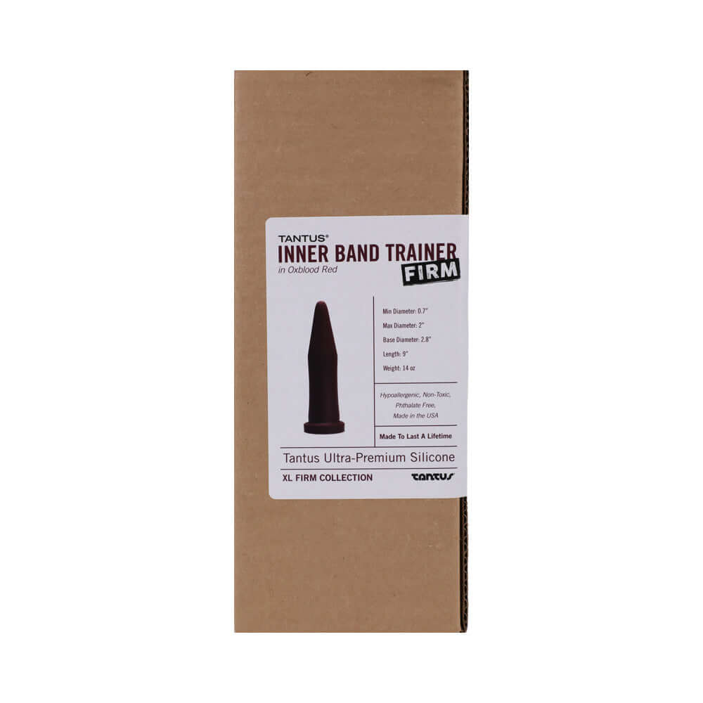 Tantus Inner Band Trainer Large Firm Dildo Garnet packaging featuring product dimensions and materials.