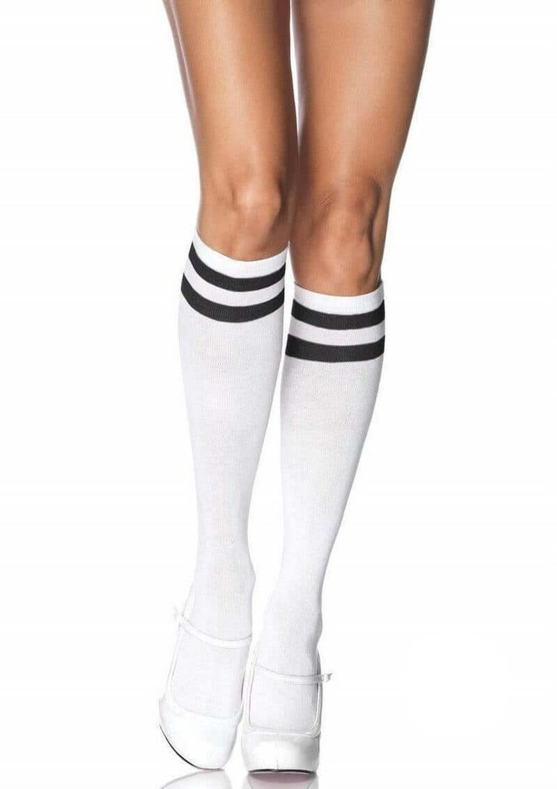 Leg Avenue Athletic Knee High OS White Black socks with black stripes, perfect for sporty looks and costumes.