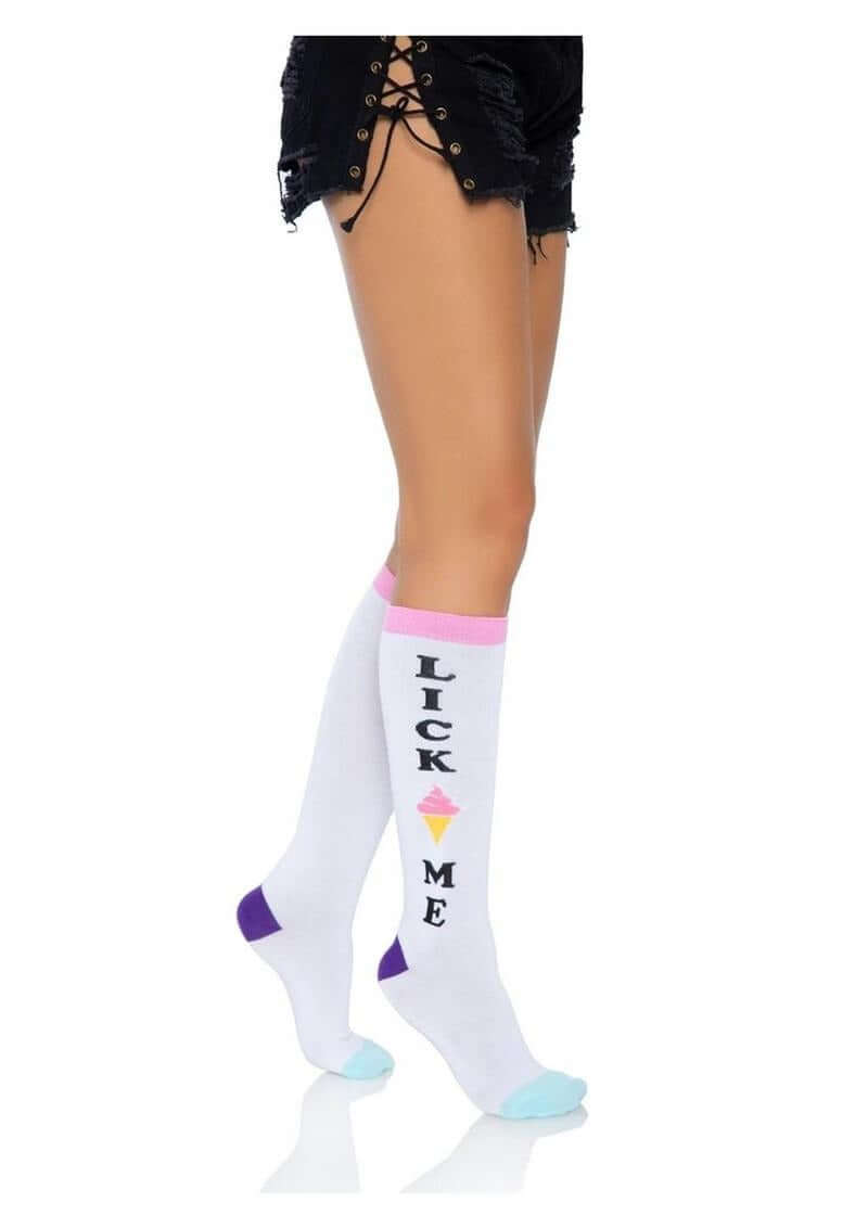 Leg Avenue Lick Me Knee Socks OS displayed on a model showcasing playful fashion and bold design.