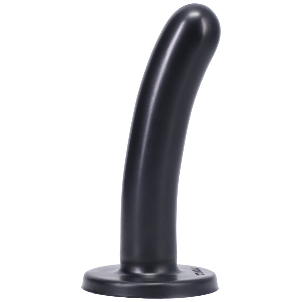 Tantus Silk Medium Dildo Onyx displayed from the side, featuring a smooth silicone design.