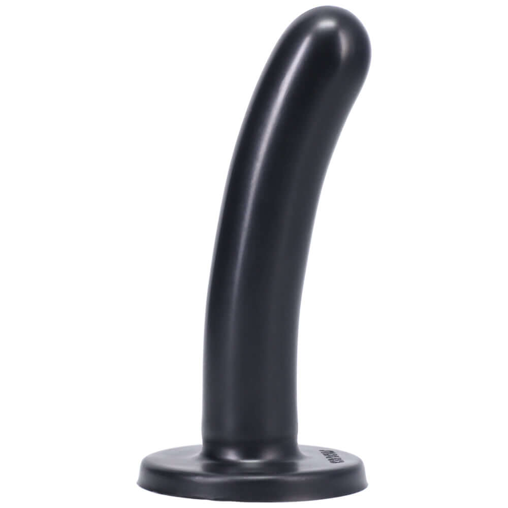 Tantus Silk Medium Dildo Onyx displayed from the side, featuring a smooth silicone design.