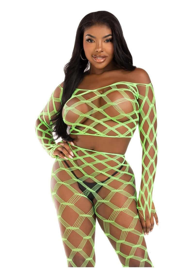 Leg Avenue Hardcore Net Crop Top & Footless Tights Neon Green model showcases bold festival-ready outfit.