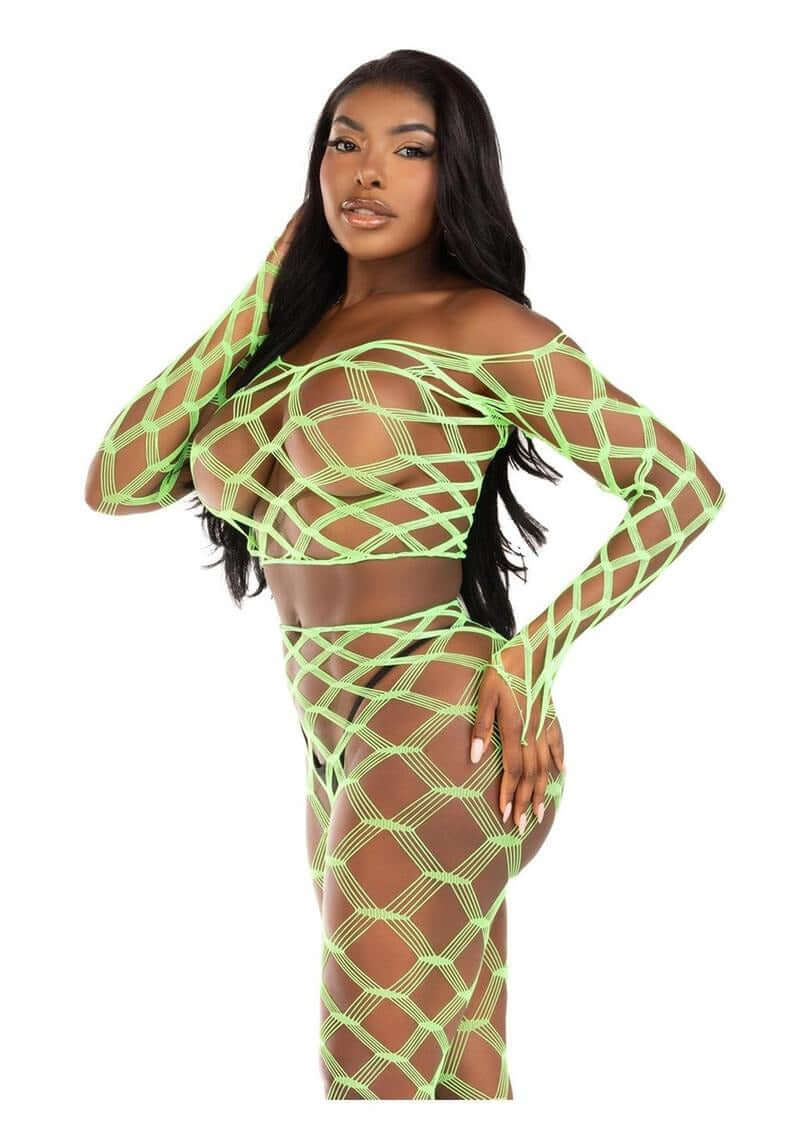 Leg Avenue Hardcore Net Crop Top & Footless Tights Neon Green model showcasing bold festival attire.