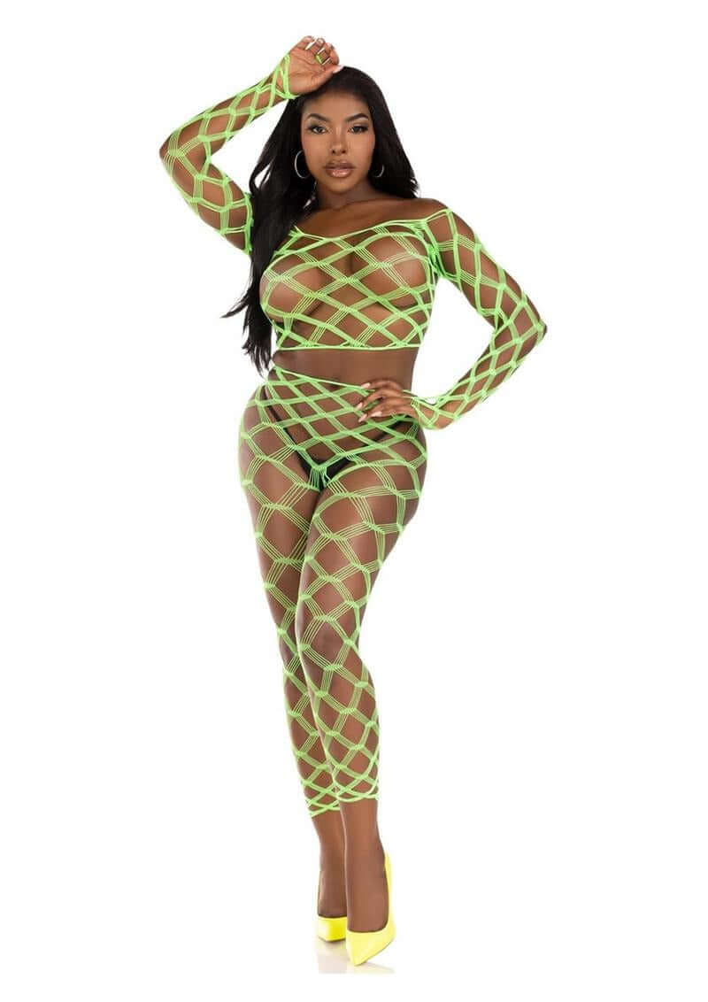 Leg Avenue Hardcore Net Crop Top & Footless Tights Neon Green worn by model, showcasing vibrant festival fashion.