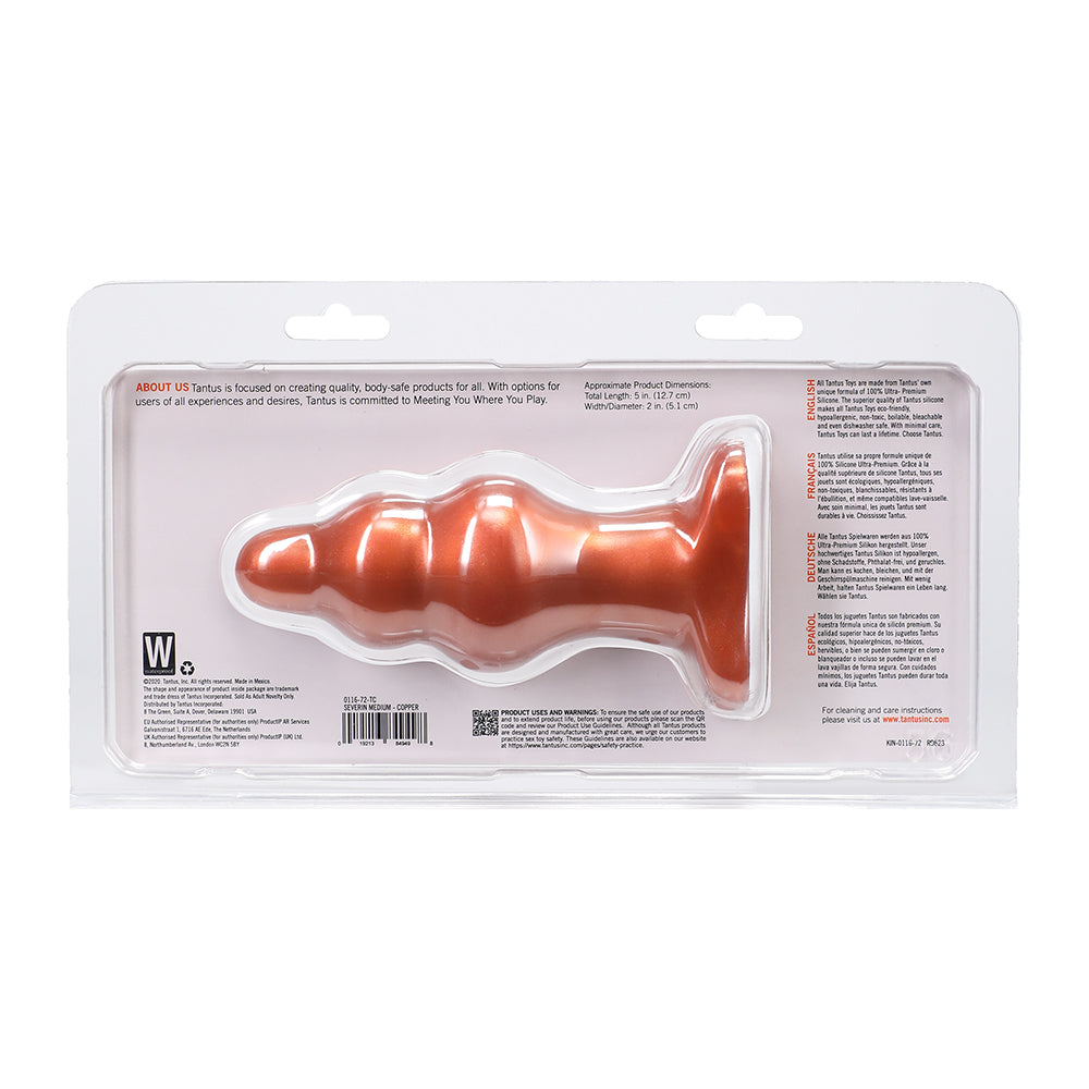 Tantus Severin Medium Super Soft Anal Plug Copper packaging showcasing its features and product dimensions.