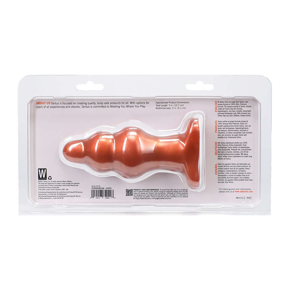 Tantus Severin Medium Super Soft Anal Plug Copper packaging showcasing its features and product dimensions.