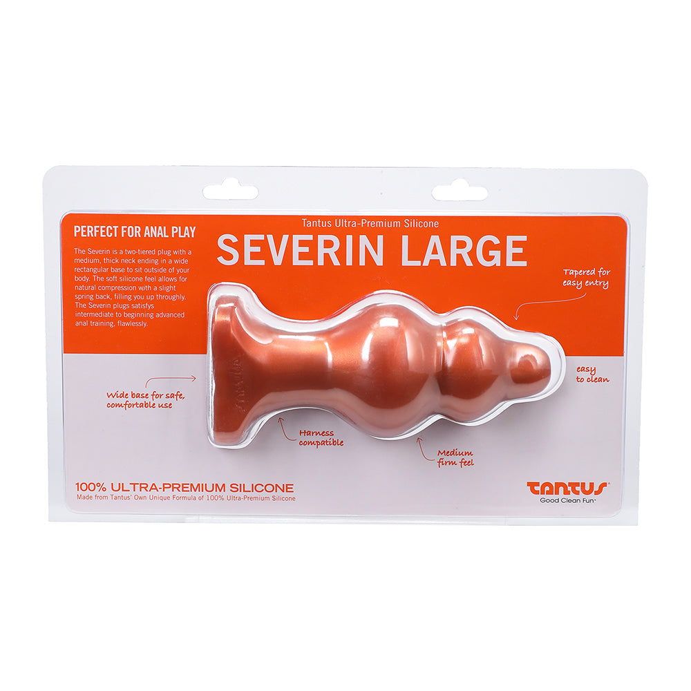 Tantus Severin Large Super Soft Anal Plug Copper in packaging, showcasing its design and features for anal play.