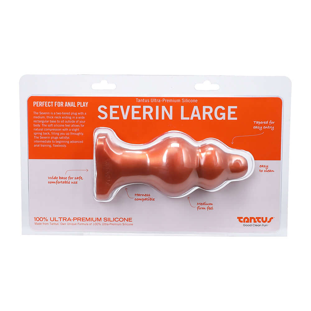 Tantus Severin Large Super Soft Anal Plug Copper in packaging, showcasing its design and features for anal play.
