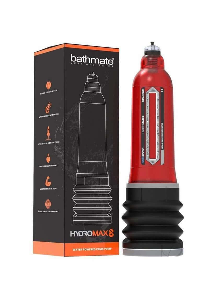 Bathmate Hydromax8 Penis Pump Red with packaging showcasing hydrotherapy vacuum device features.