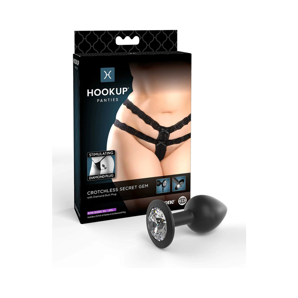 Hookup Panties Crotchless Secret Gem With Diamond Silicone Anal Plug Black XL-XXL