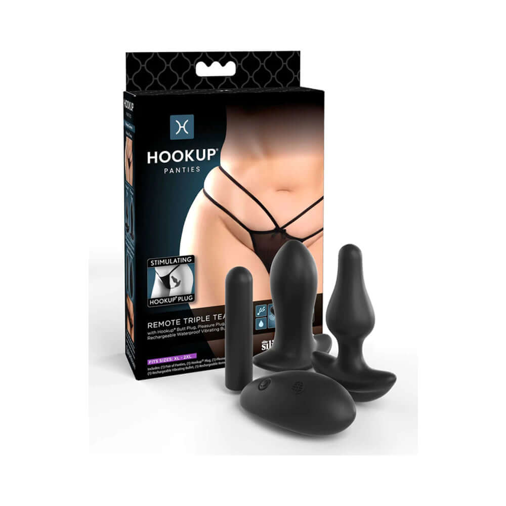 Hookup Panties Remote Triple Teaser With Anal Plug Set & Bullet Black XL-XXL