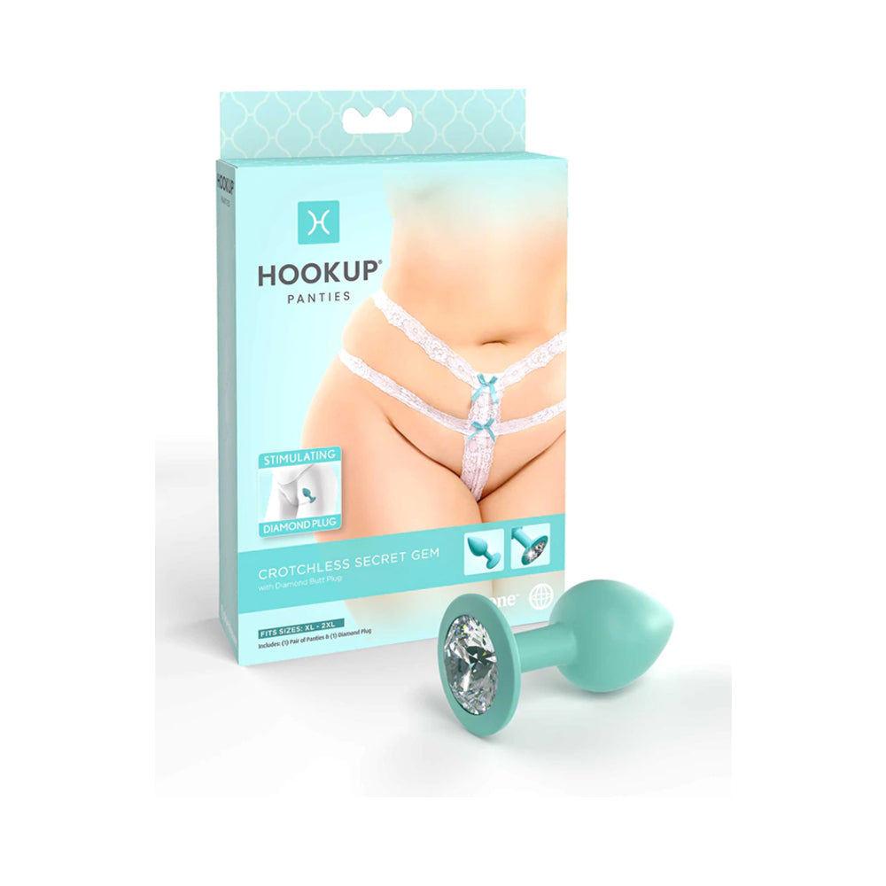 Hookup Panties Crotchless Secret Gem With Diamond Silicone Anal Plug White/Aqua XL-XXL