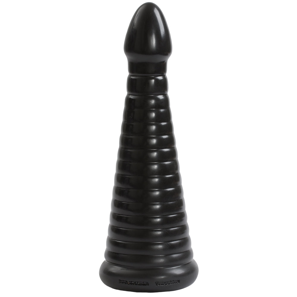 TitanMen Intimidator 10 Inch Ribbed Anal Plug Black showcasing its ribbed design and elongated shape.
