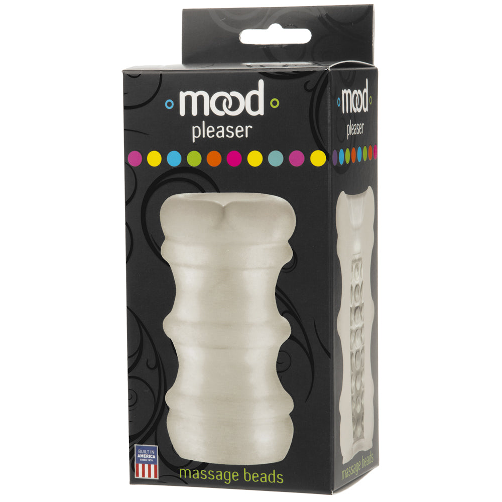 Mood Ultraskyn Stroker Pleaser Massage Beads Frost packaging showcasing soft and stretchy design for enjoyable experiences.