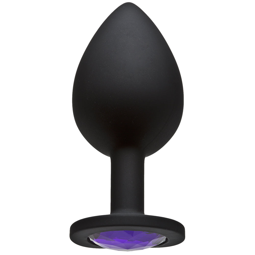 Booty Bling Jeweled Silicone Anal Plug Large Purple features sleek black silicone and a stunning purple gem design.