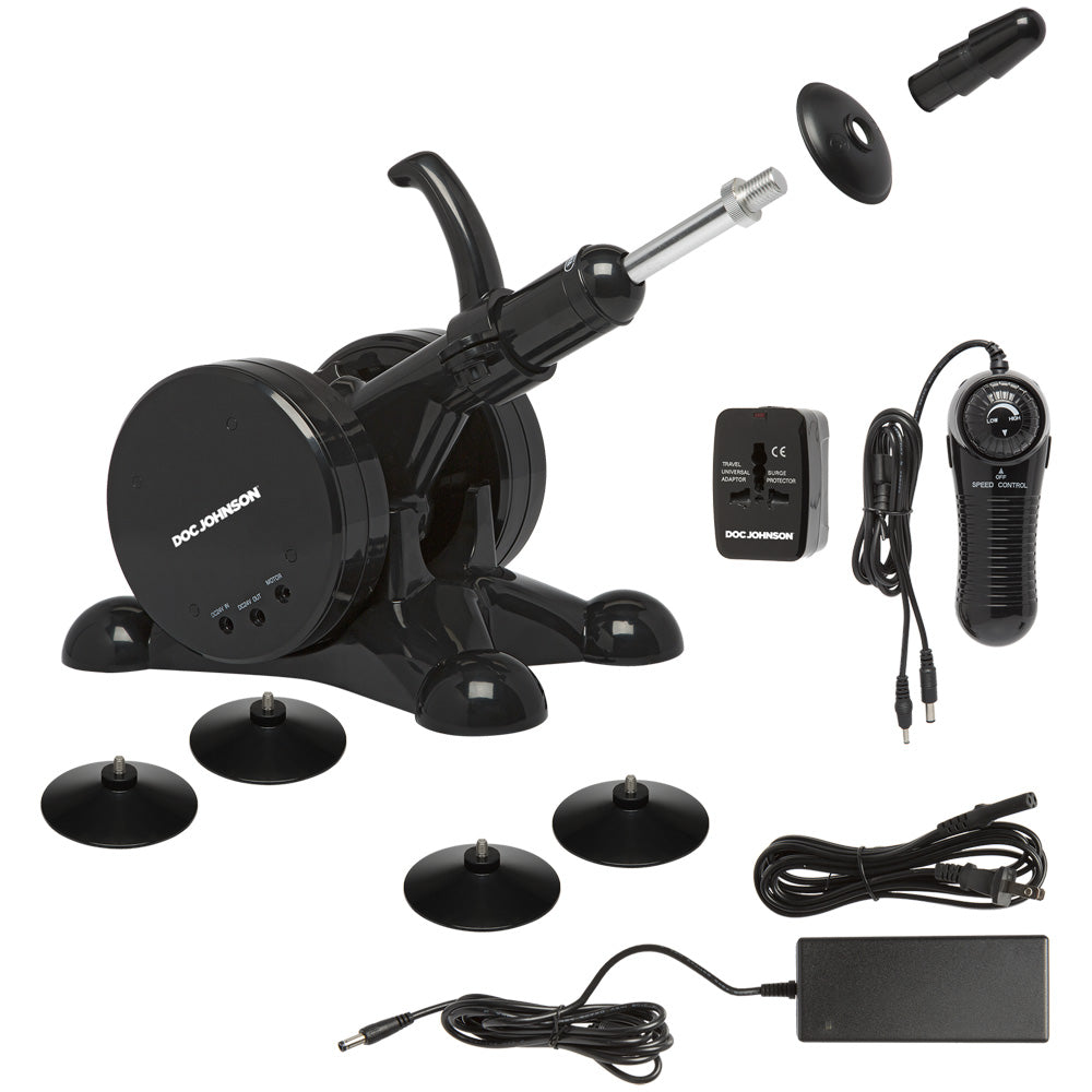 Vac-u-lock Fuck Machine with Remote Black, automated thrusting machine with remote control and accessories.