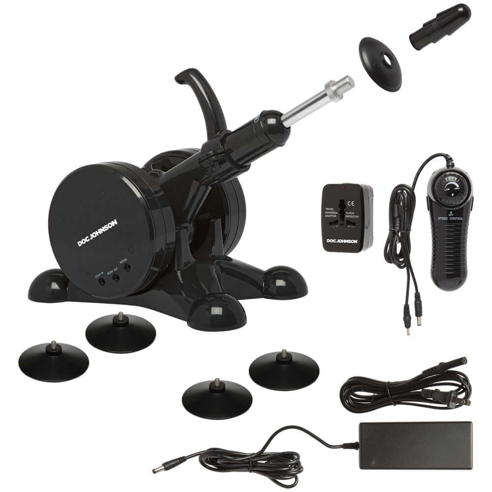 Vac-u-lock Fuck Machine with Remote Black, automated thrusting machine with remote control and accessories.