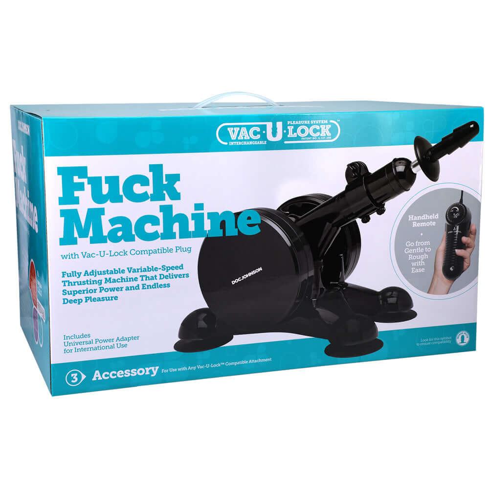 Vac-u-lock Fuck Machine with Remote Black packaging showcasing its adjustable thrusting capabilities.