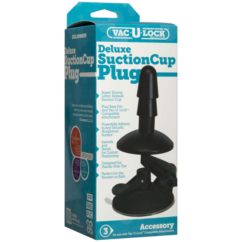 Vac-u-lock Deluxe Suction Cup Plug Accessory packaging featuring a super strong lever-release suction cup.